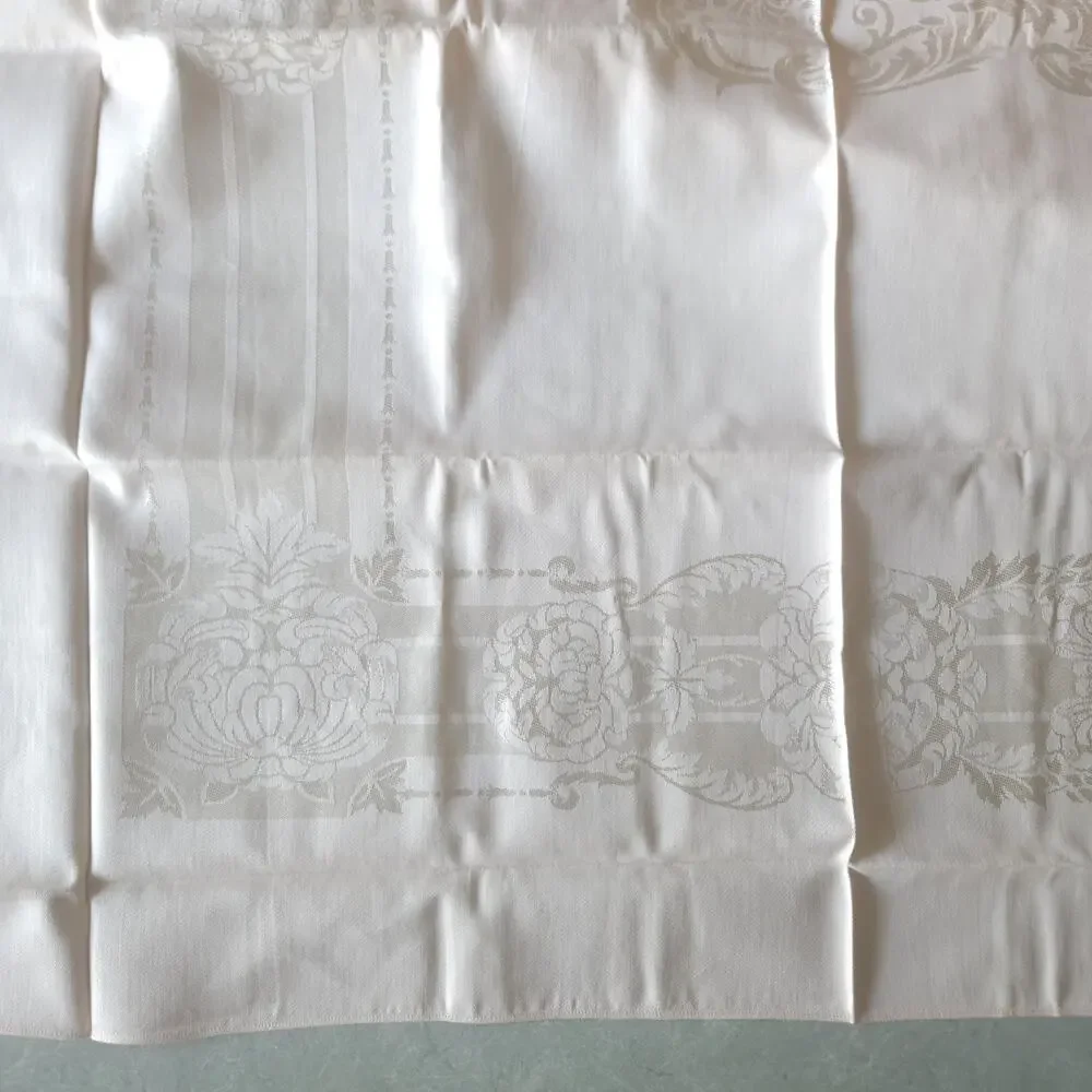 Vtg Rose Pink Damask Tablecloth Floral Cotton Rayon Shabby MCM Japan 52x74 NOS